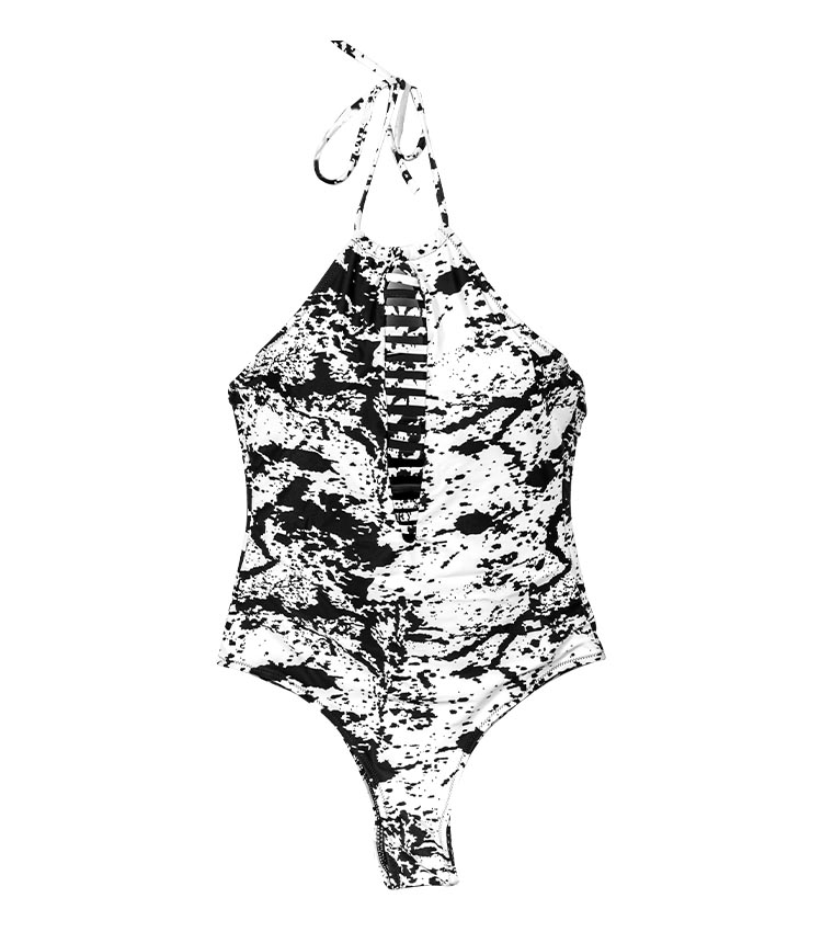 halter clasaiceach dubh agus bán culaith snámha píosa amháin